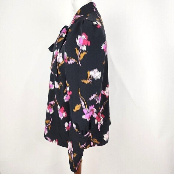 Who What Wear Black Floral High Cuff Tie Neck Button Front Blouse Womens L - Picture 3 of 7